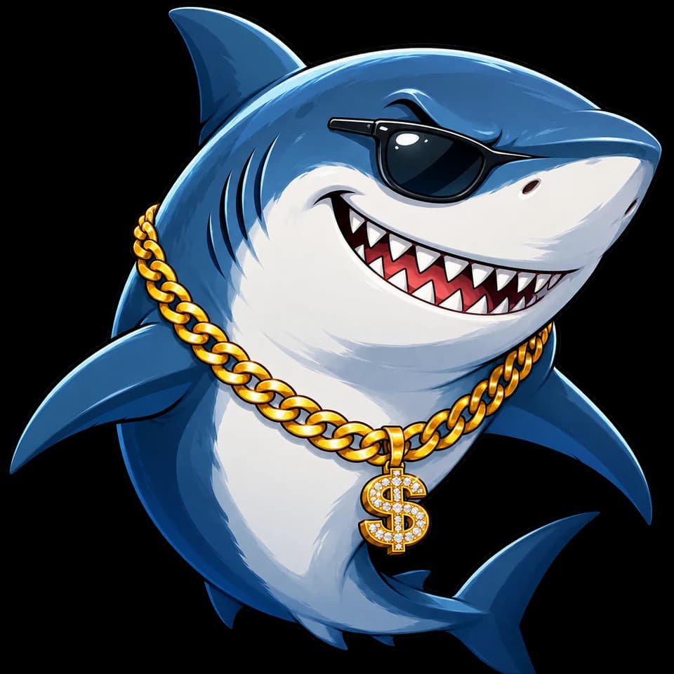 Sharky the shark, wearing sunglasses and a gold dollar chain